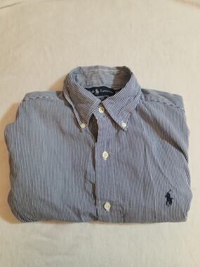 Ralph Lauren 100% Cotton Pony Shirt Mens Small Blue Striped Long Sleeve Preppy
